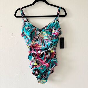 Aqua Green Blue and Pink One Piece Swimsuit with Sweetheart Neckline